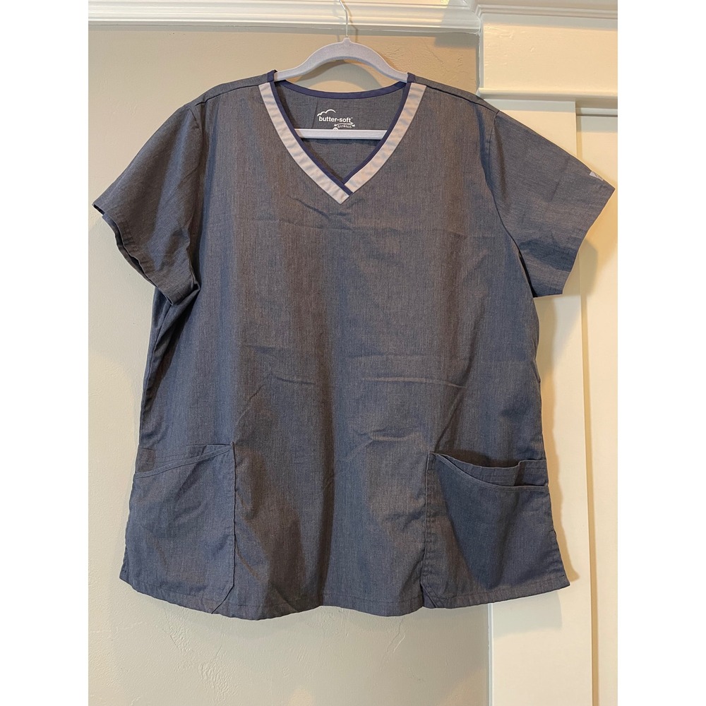 Butter-Soft Stretch Scrub Top Womens 2X Heather Navy Blue V-Neck Medical Pockets